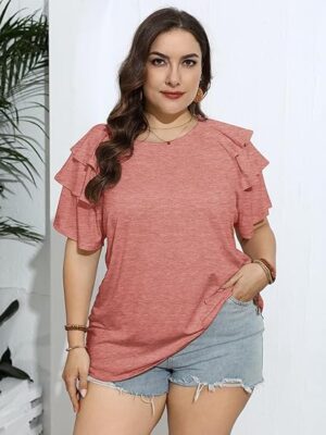 71F3KtHjhzL._AC_SY550_ Camisetas de talla grande para mujer, manga corta con volantes