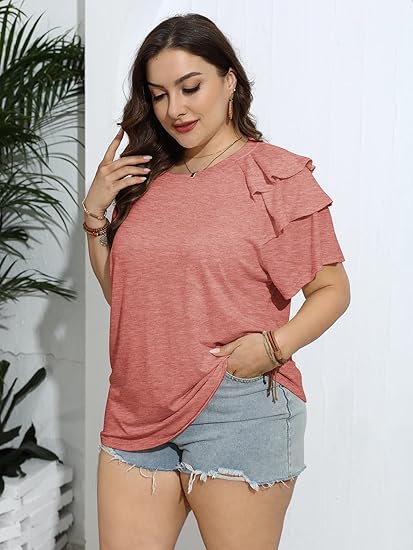 71ipE6eK3HL._AC_SY550_ Camisetas de talla grande para mujer, manga corta con volantes